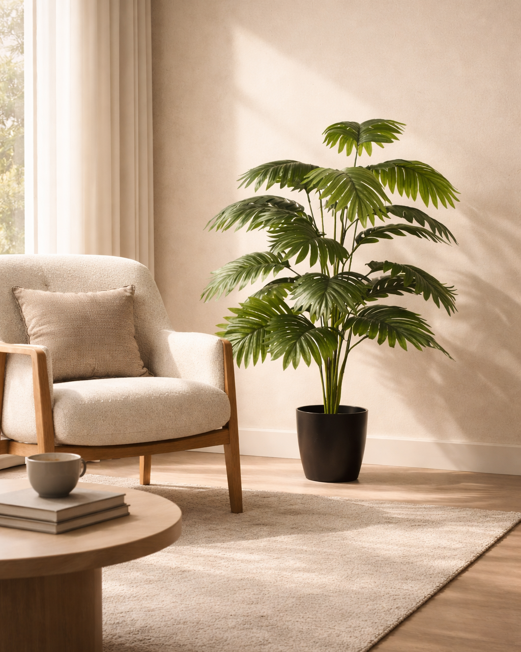 Close-up of lush green palm leaves in black pot for premium home decor